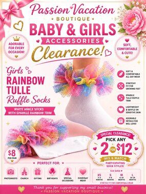 2/$12 Girls Rainbow Tulle Ruffle Socks | White Sparkle Ankle Socks